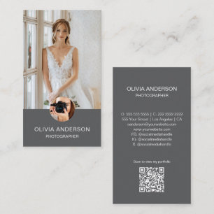 Cartão De Visita Fotografador moderno 2 Fotografias Código QR Cinza