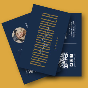 Cartão De Visita Fotografia Código QR Foto Azul Marinho Dourado