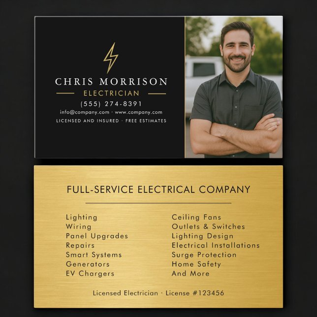 Cartão De Visita Fotografia de Eletricista Metal Preto Dourado  (Criador carregado)
