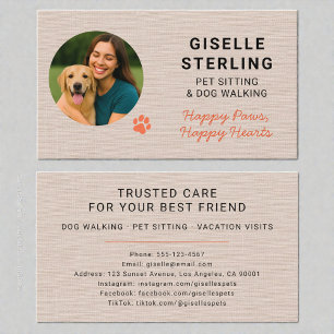 Cartão De Visita Fotografia de Pet Sitter em Lino Impressão de Pata