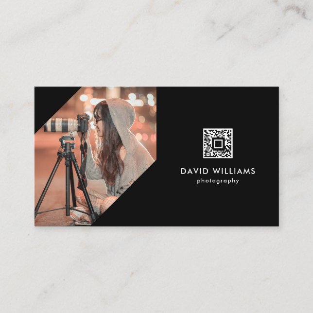 Cartão De Visita Fotografia Fotógrafo QR Código Black Professional (Frente)