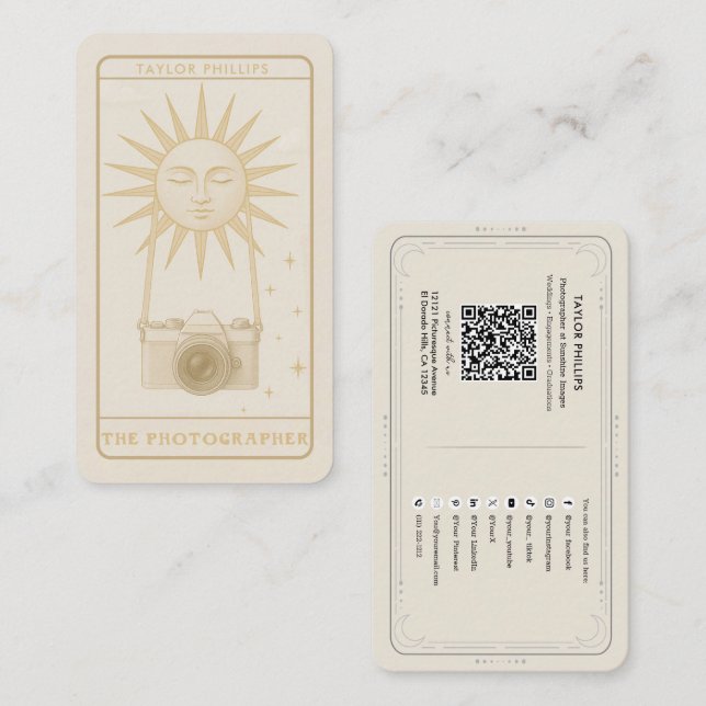 Cartão De Visita Fotografia Sun Tarot Fotógrafo Mídia Social QR (Frente/Verso)