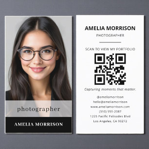 Cartão De Visita Fotógrafo branco preto Fotografia com código QR Mo