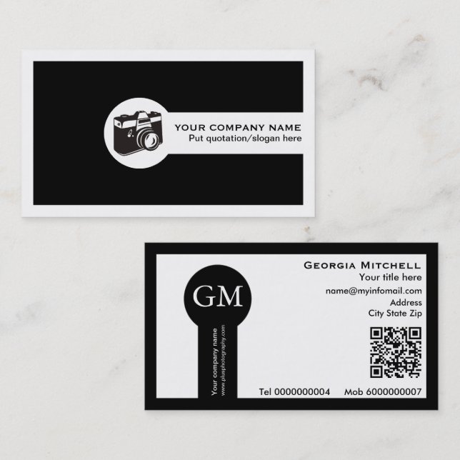 Cartão De Visita Fotógrafo câmera e código QR preto e branco (Frente/Verso)