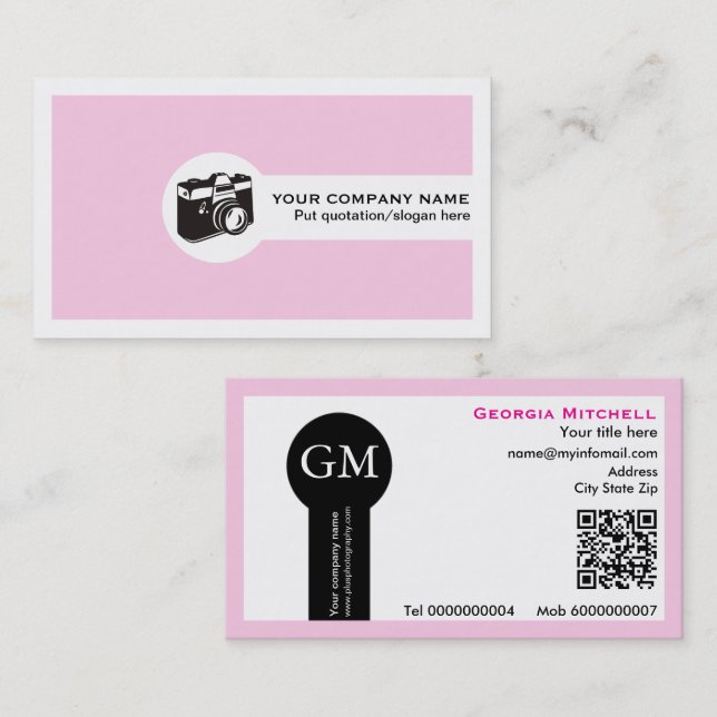 Cartão De Visita Fotógrafo câmera e código QR rosa (Frente/Verso)