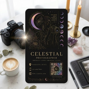 Cartão De Visita Fotógrafo Celestial Luxo Preto Dourado QR 
