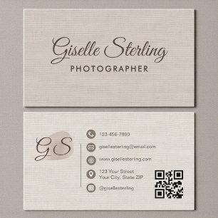 Cartão De Visita Fotógrafo Código QR Elegante Moderno Bege Lino