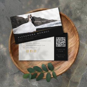 Cartão De Visita Fotógrafo de Casamento Código QR Preto e Dourado