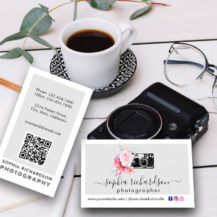 Cartão De Visita Fotógrafo do Código QR da Câmara Floral Moderna