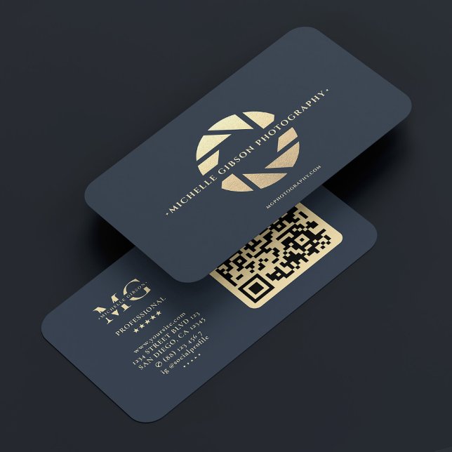 Cartão De Visita Fotógrafo Dourado Azul Escuro Lente Moderna (Photographer Dark Blue Gold Camera Lens Modern Business Card
)