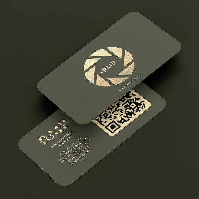 Cartão De Visita Fotógrafo Dourado Camera Lens Exército Verde Moder (Photographer Gold Camera Lens Army Green Modern Business Card
)