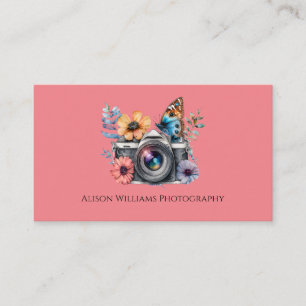 Cartão De Visita Fotógrafo Floral Câmera Aquarela Rosa