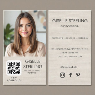 Cartão De Visita Fotógrafo Minimalista Código QR de Foto em Linho