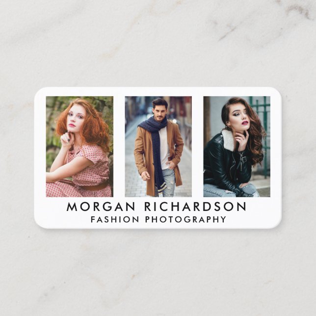 Cartão De Visita Fotógrafo moderno R branco de 3 fotos (Frente)