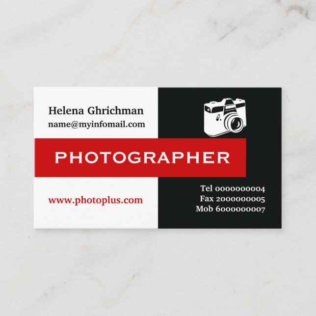 Cartão De Visita Fotógrafo preto, branco, vermelho, atraente para o (Frente)