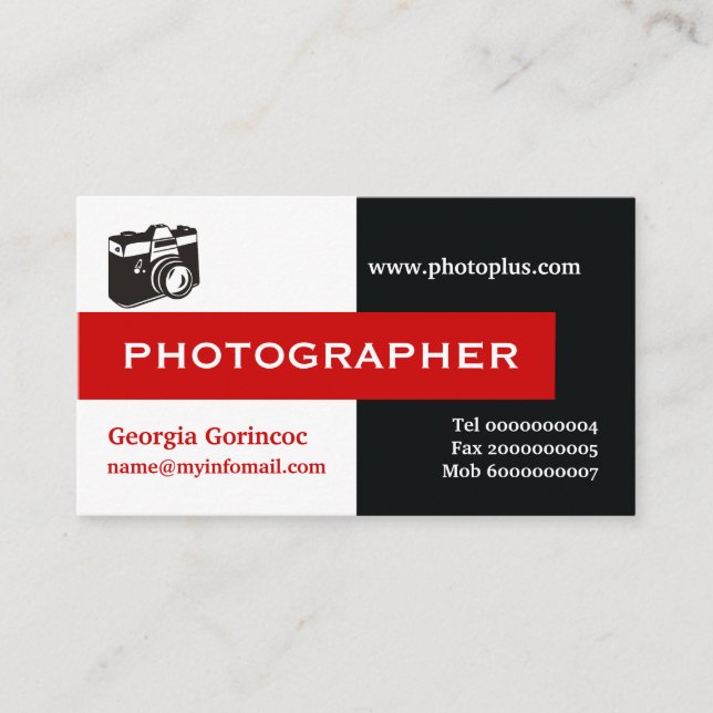 Cartão De Visita Fotógrafo preto, branco, vermelho, atraente para o (Frente)