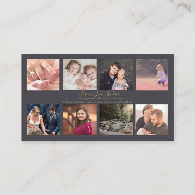 Cartão De Visita Fotógrafo profissional escuro - design de 8 fotos (Frente)