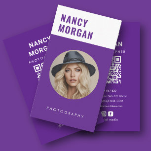 Cartão De Visita Fotógrafo Roxo Moderno Código QR Foto