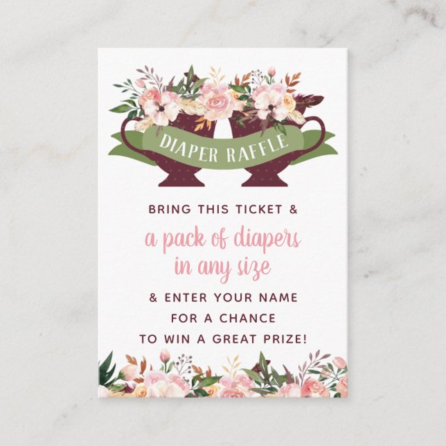 Cartão De Visita Fralda Raffle Ticket, Chá de fraldas do Tea Party (Frente)