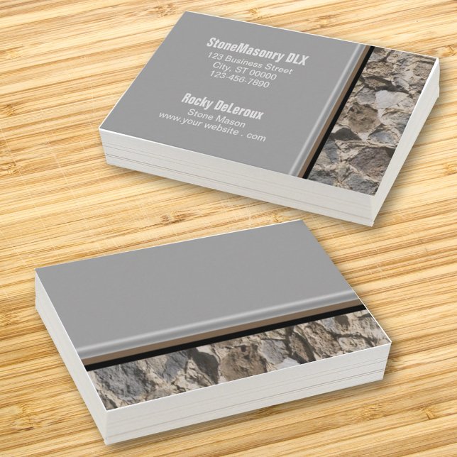 Cartão De Visita Fronteira de Rock Russo com Stonemason Profissiona (Viewing the front and back of this business card design shows room for simple notes on the back. )