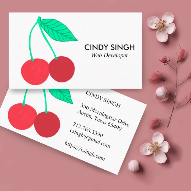 Cartão De Visita Frutas FRESCAS: cerejas ilustradas (Cute cherries illustration on this custom business card)