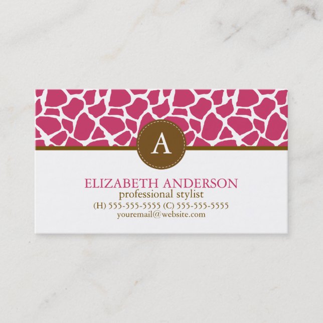 Cartão De Visita Fuchsia Giraffe Pattern Monograma (Frente)