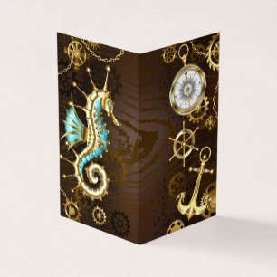 Cartão De Visita Fundo de madeira com cavalo de mar mecânico