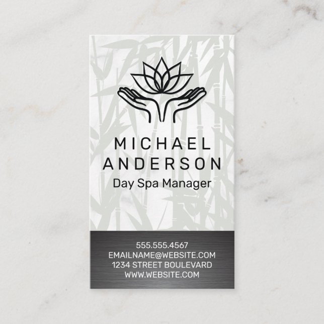 Cartão De Visita Fundo do Bamboo | Ícone Lotus das Mãos de Reparo (Frente)