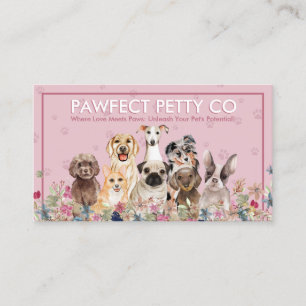 Cartão De Visita Fundo Rosa Pata Aquarela Cachorros Flores