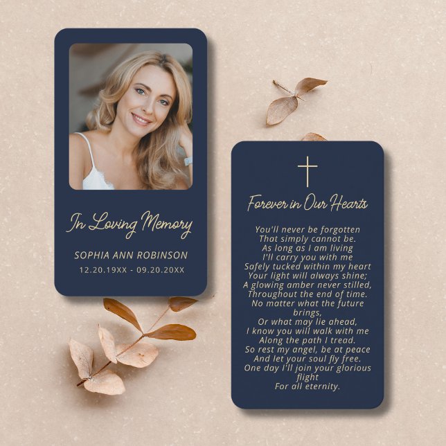 Cartão De Visita Funeral Sympathy Memorial Gold Blue Prayer Cards (Criador carregado)