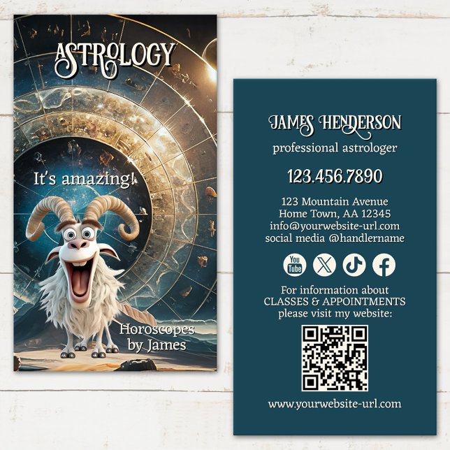 Cartão De Visita Funny Professional Astrologer (Professional astrologer business card showing a funny design with an Aries - QR code - social media)
