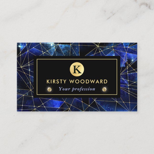 Cartão De Visita Galáxia Elegante de Cristal Azul e Dourada Meia-No (Frente)