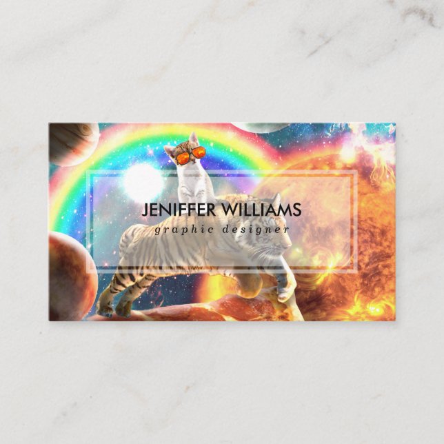 Cartão De Visita Galáxia Espacial Tigre Andando Gato na Pizza (Frente)