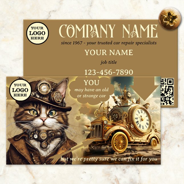 Cartão De Visita Garagem de reparação mecânica de automóveis engraç (Business card showing a funny and whimsical design with an image of a steampunk cat with odd vehicle)
