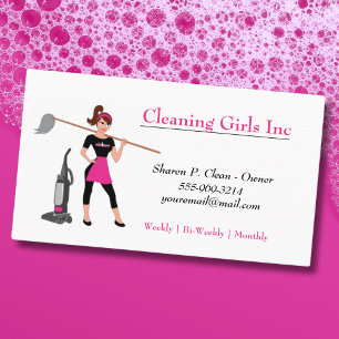 Cartão De Visita Garota de Cartoon com Serviço de Limpeza de Casa 