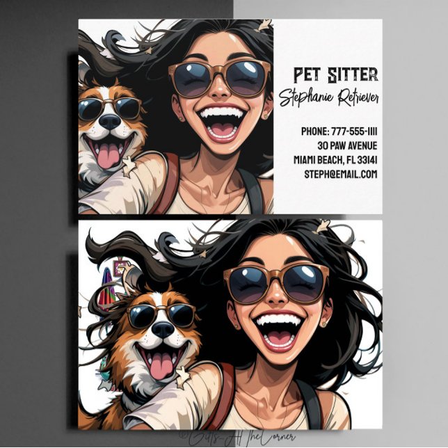 Cartão De Visita Garota Feliz, Bonita Pet Sitter Dog Walker (Criador carregado)