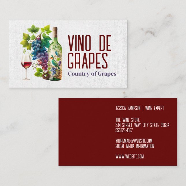 Cartão De Visita Garrafa de vinho e Uvas coloridas (Frente/Verso)