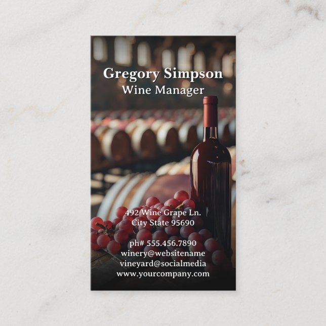 Cartão De Visita Garrafa de vinho tinto e Uvas | Barris de Vinho (Frente)