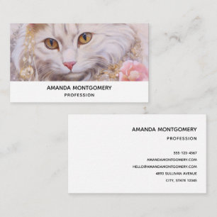 Cartão De Visita Gato Branco Elegante em Ouro e Diamantes