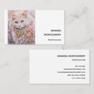 Cartão De Visita Gato Branco Elegante em Ouro e Diamantes