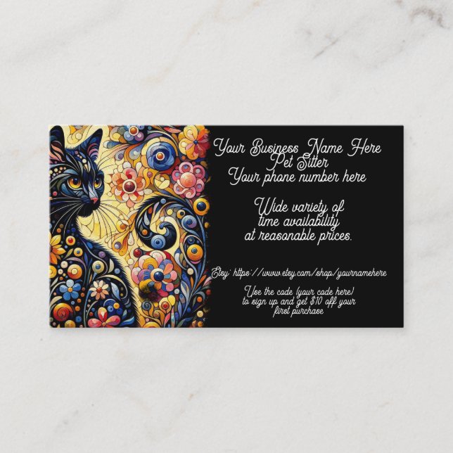 Cartão De Visita Gato de Gato Floral de Abstrato Whimsical Pet Sitt (Frente)