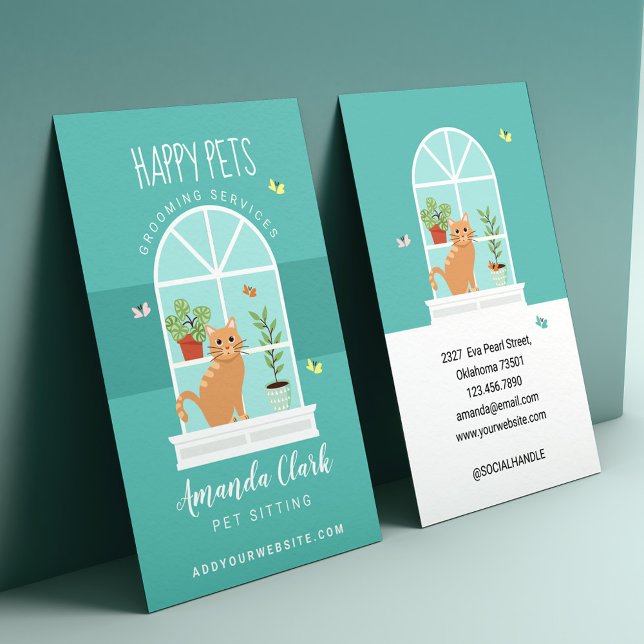 Cartão De Visita Gato Feliz e Alucinável em Sessão de Pet de Enlace (Loveable Happy Cat on Window Sill Pet Sitting Business Card)