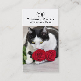 Cartão De Visita Gato fofo com a rosa vermelha