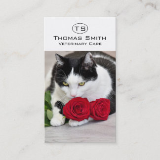 Cartão De Visita Gato fofo com a rosa vermelha