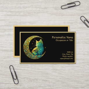 Cartão De Visita Gato Místico no Design Noturno Celestial da Lua