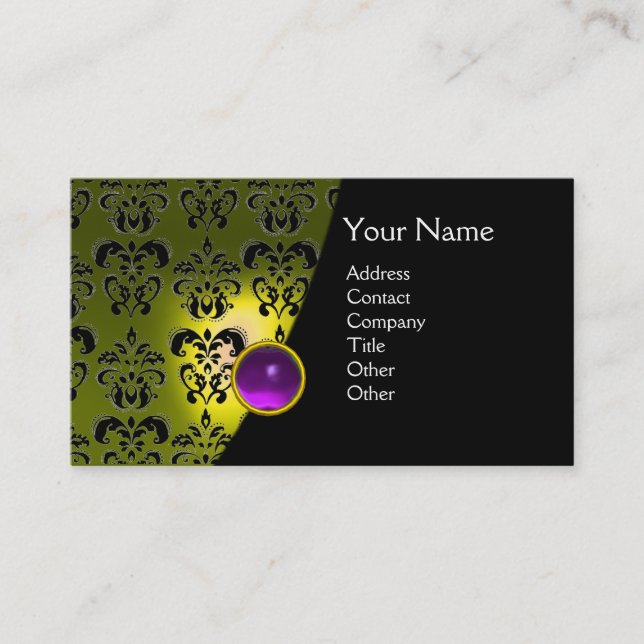 Cartão De Visita GEM DAMASK MONOGRAM - ametista roxo amarelo (Frente)