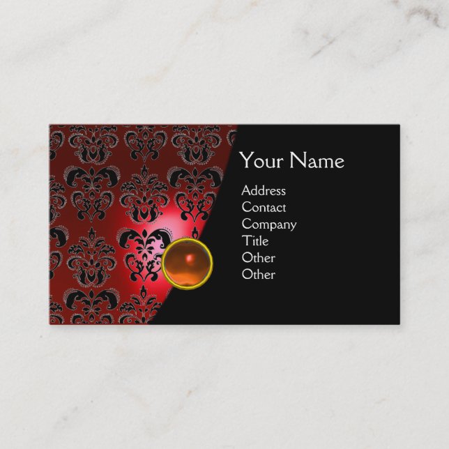 Cartão De Visita GEM DAMASK MONOGRAM vermelha topaz laranja (Frente)