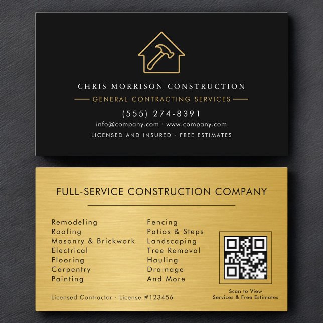 Cartão De Visita General Contractor Metallic Gold & Black QR Code (Criador carregado)