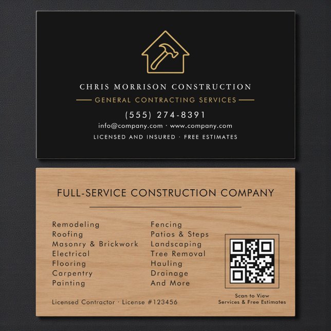 Cartão De Visita General Contractor Rustic Wood QR Code (Criador carregado)