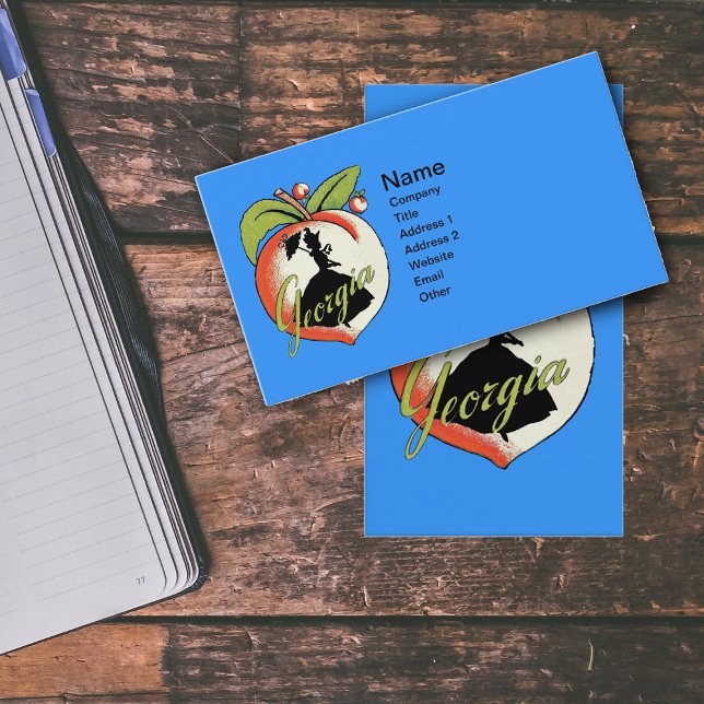 Cartão De Visita Georgia Peach com Silhouette Negra (Southern bell silhouette on Georgia Peach on vibrant blue business cards.)